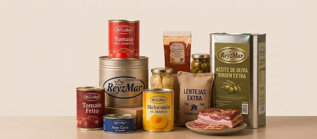 Productos de alimentación Comercial ReyzMar para hostelería: tomate en conserva, tomate frito, atún claro, melocotón en almíbar, pimentón de la Vera, aceitunas, lentejas, aceite de oliva virgen extra y beicon