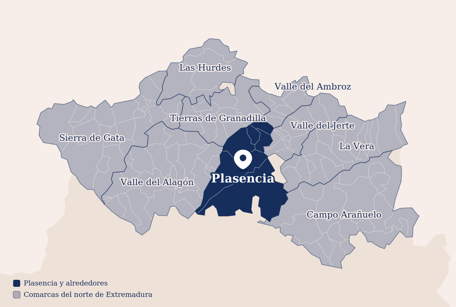 Mapa de la zona de reparto de Comercial ReyzMar: Plasencia y las comarcas del norte de Extremadura (Valle del Jerte, La Vera, Valle del Ambroz, Las Hurdes, Sierra de Gata, Tierras de Granadilla, Valle del Alagón y Campo Arañuelo).